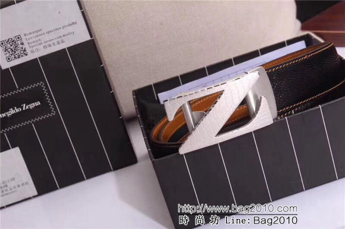 Zegna 傑尼亞 雙面原版進口牛皮壓鴕鳥腳紋 316精鋼Z字母鋼自動扣 男士皮帶  xfp1225